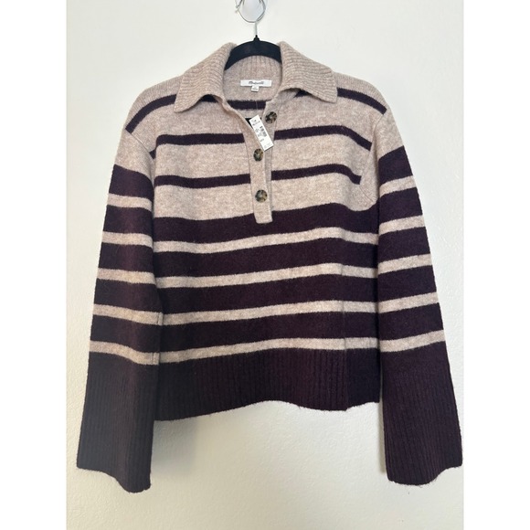 Madewell CloudSoft Striped Polo Collar Knit Pullover Sweater Oversized XS NY436 - Picture 3 of 6